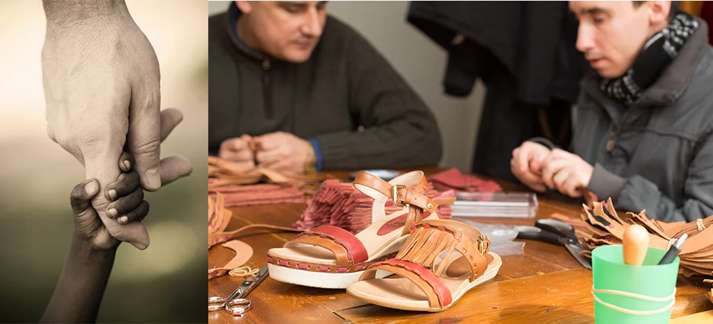 Montaje de fotos de manos cogiéndose y colaboradores solidarios de Pikolinos 